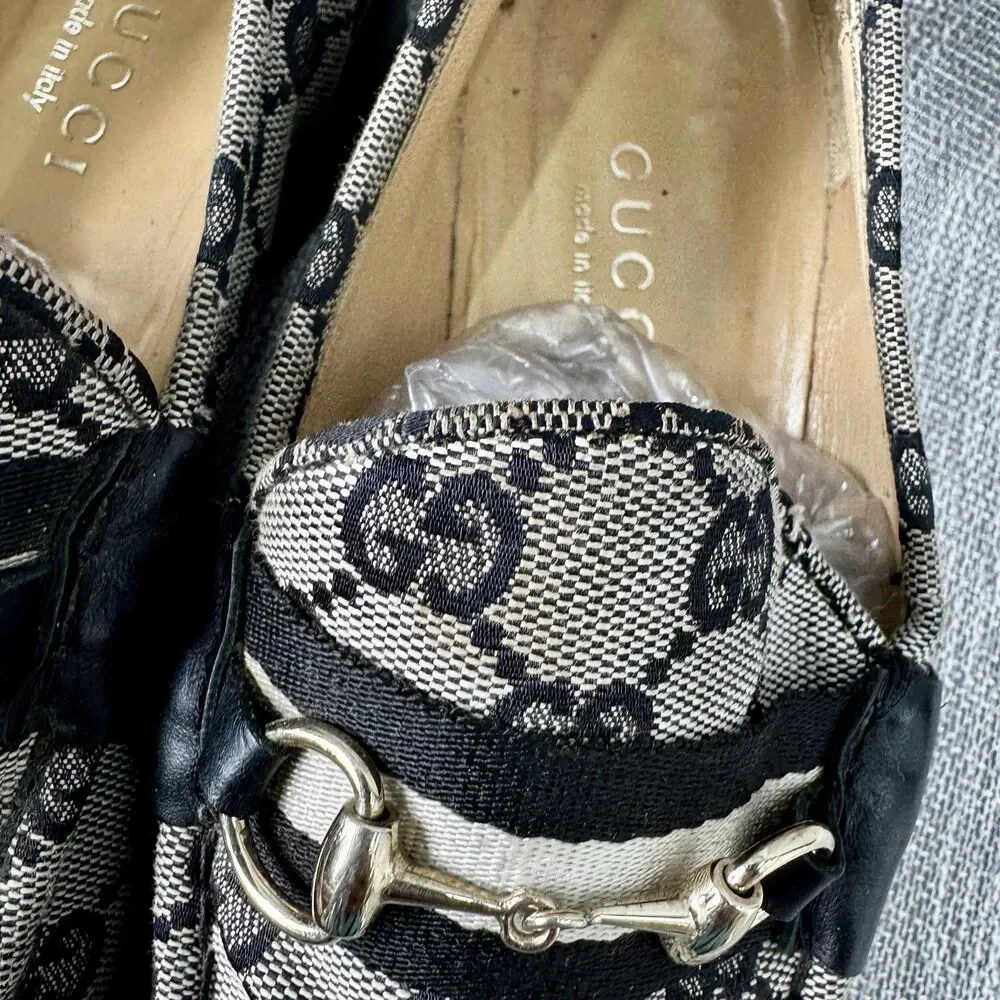 Vintage Gucci GG Monogram Canvas Horsebit Loafer Almond Toe Black Gray 10B